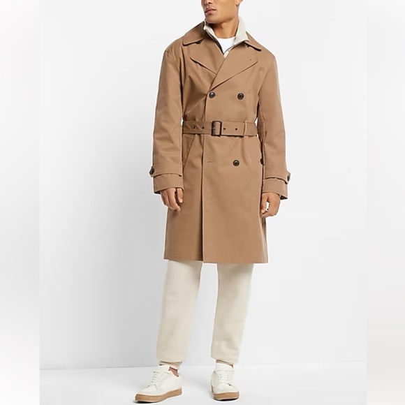 Express Men’s Khaki Water Resistant Long Trench Coat Size M - Picture 1 of 14